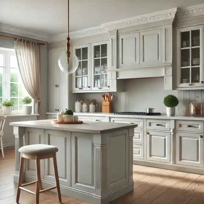 A beautifully updated modern kitchen with freshly painted cabinets in a stylish neutral color.