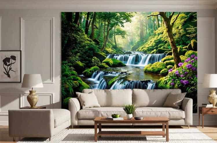 An artist painting a custom nature-inspired mural in a living room.