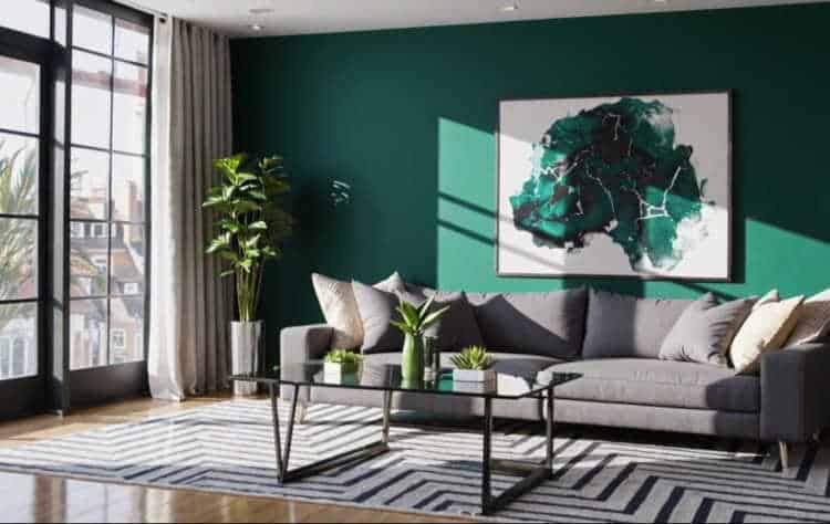 Living room with a bold emerald green accent wall and modern decor.