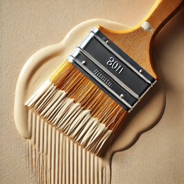 A close-up of a paintbrush applying light beige paint on a smooth wall.