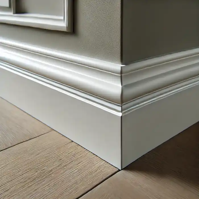 Close-up of freshly painted white baseboard and trim with a smooth finish.