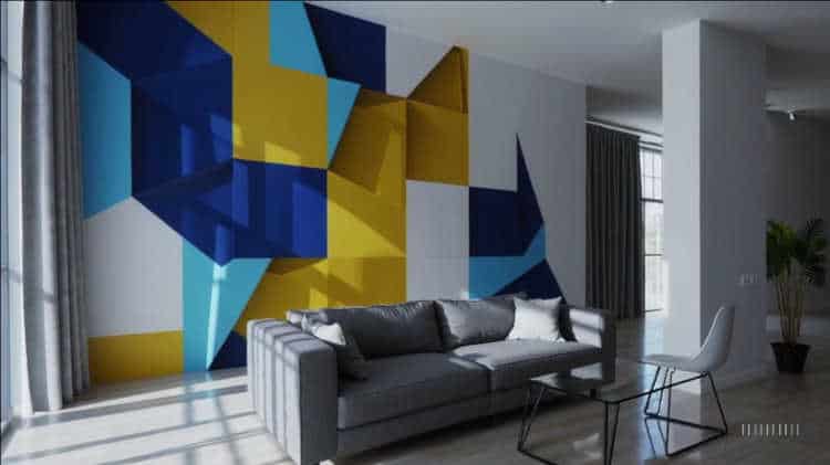 A geometric color-blocked wall with vibrant blue and yellow in a contemporary living room.