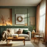 A cozy living room with earthy green walls, a beige couch, a wooden coffee table, and minimalistic decor.