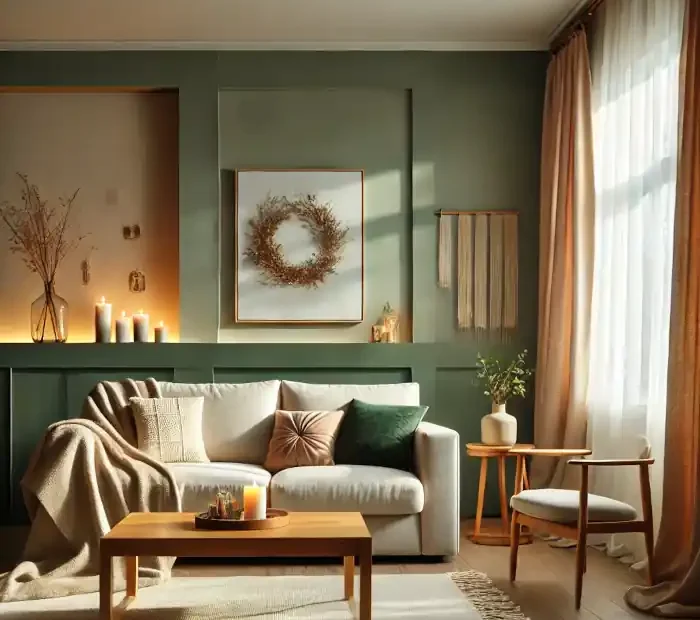 A cozy living room with earthy green walls, a beige couch, a wooden coffee table, and minimalistic decor.