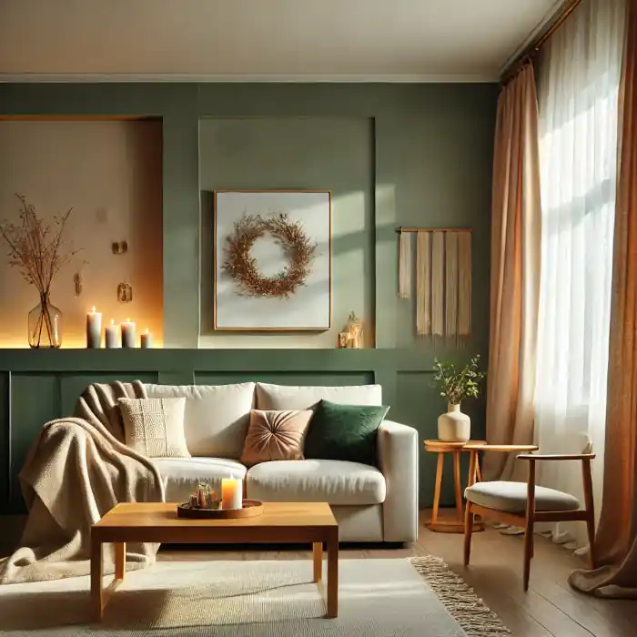 A cozy living room with earthy green walls, a beige couch, a wooden coffee table, and minimalistic decor.