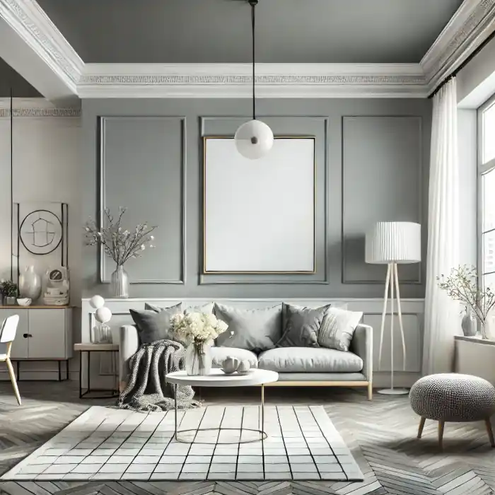 A cozy living room with freshly painted soft gray walls, white trim, and minimalist decor.