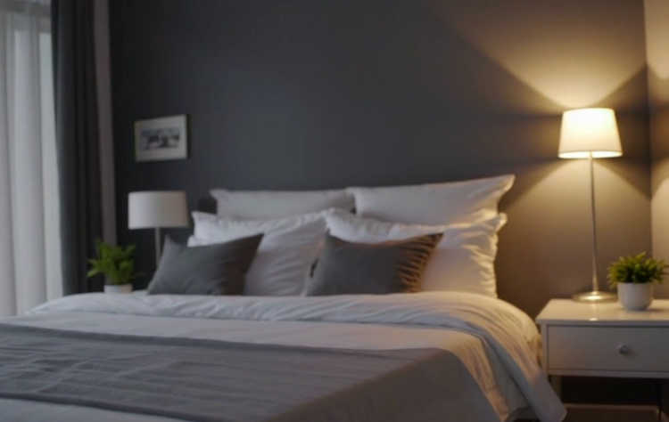 A cozy bedroom with charcoal gray walls, soft lighting, and contrasting white furniture.