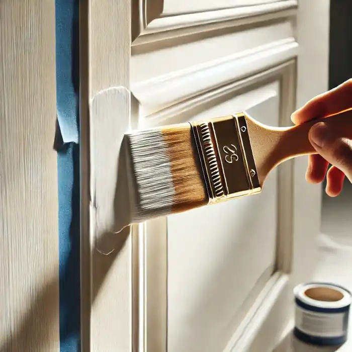 Close-up of a door being painted with a paintbrush and painter's tape applied.