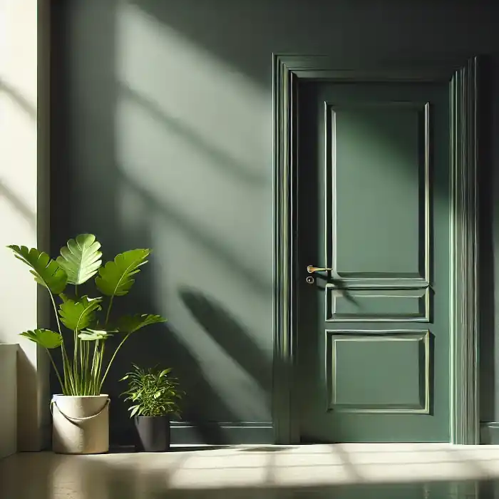 A professionally painted dark green door in a minimalist entryway.