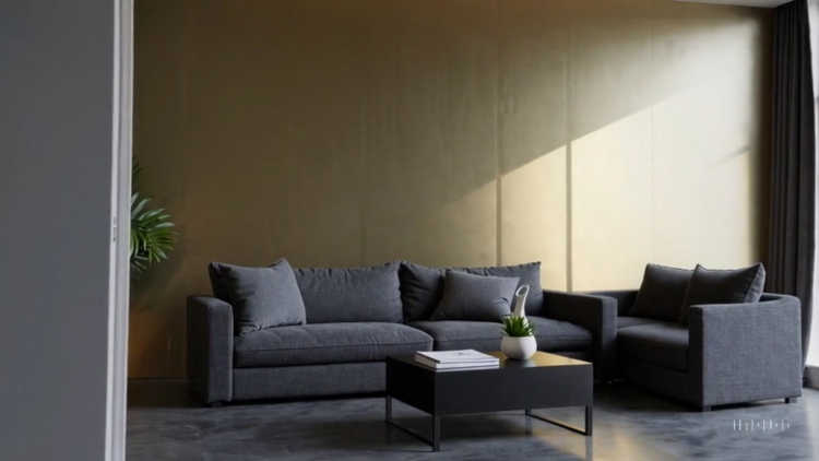 A metallic gold accent wall in a modern living room with dark furniture.