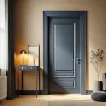 Stylishly painted navy blue wooden door in a modern home interior.