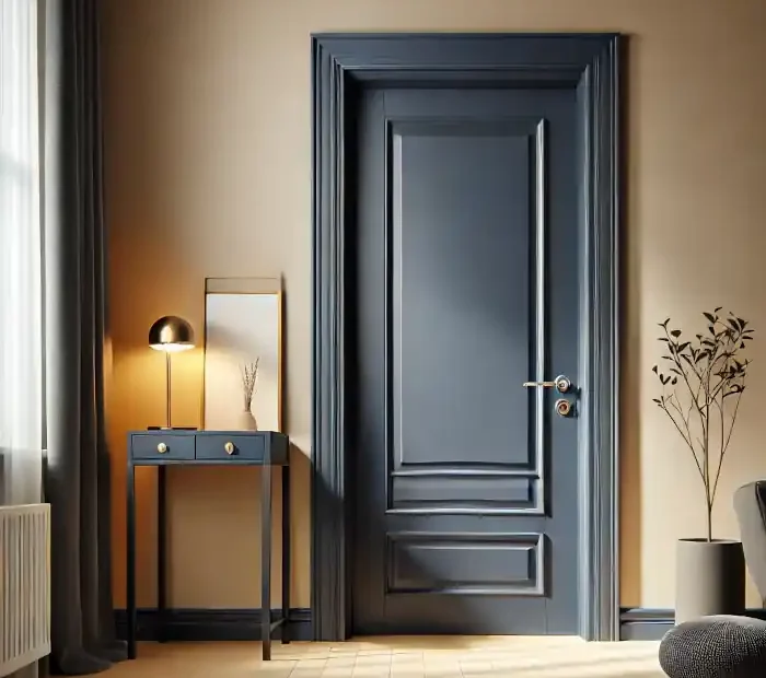 Stylishly painted navy blue wooden door in a modern home interior.