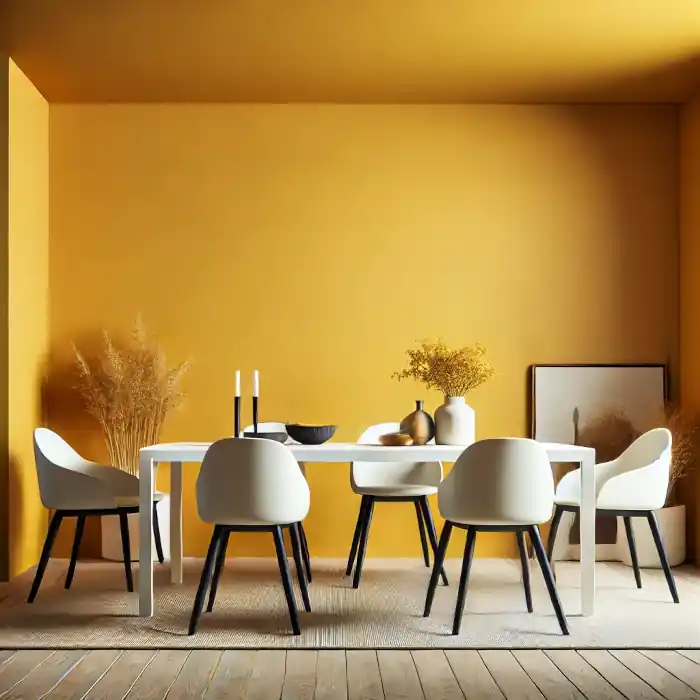 A modern dining area with mustard yellow walls, white furniture, and minimalistic decor.