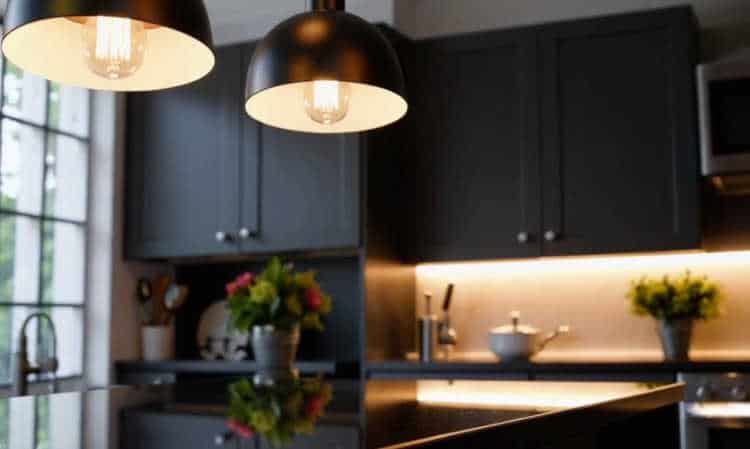 Modern pendant lights over a kitchen island with sleek countertops.