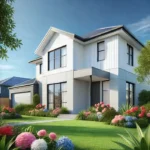 Modern suburban house with a freshly painted classic white exterior, vibrant flowers, and a clear blue sky.