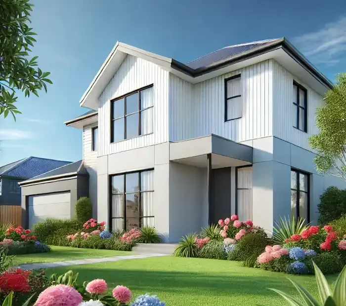 Modern suburban house with a freshly painted classic white exterior, vibrant flowers, and a clear blue sky.