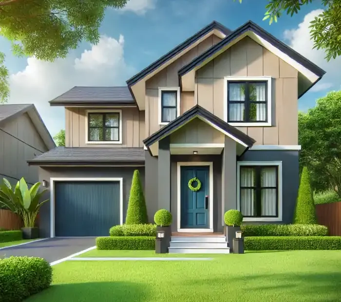 A modern home exterior freshly painted in neutral tones with a bold-colored front door and a lush green lawn.