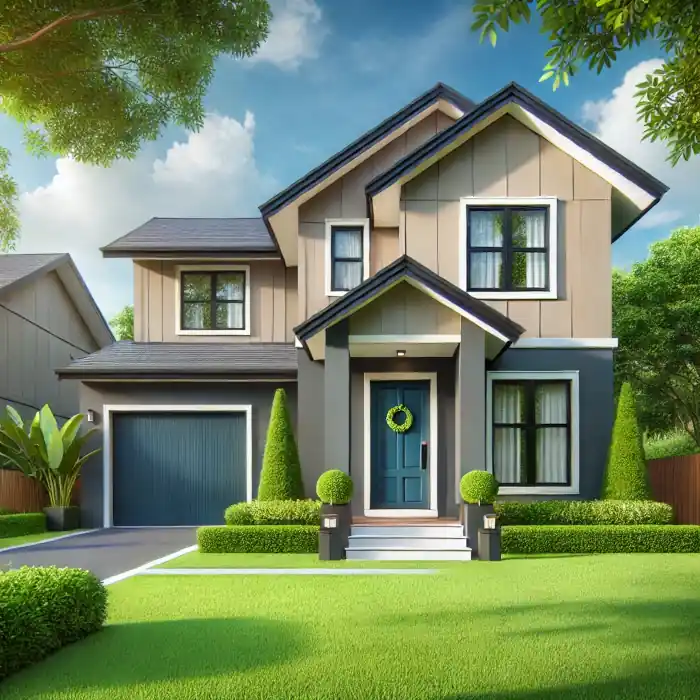 A modern home exterior freshly painted in neutral tones with a bold-colored front door and a lush green lawn.