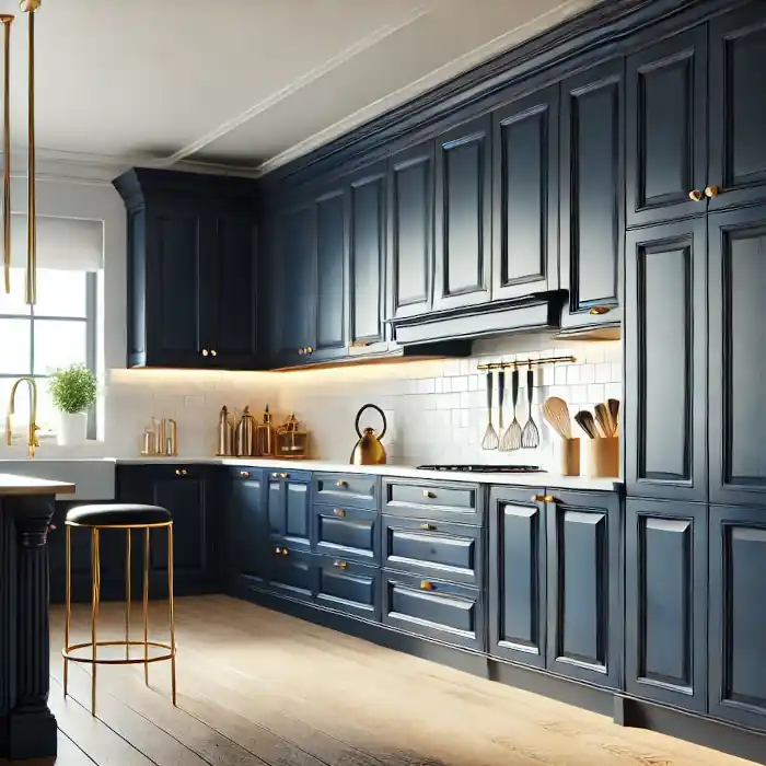 Freshly painted navy blue kitchen cabinets with gold hardware in a modern kitchen.