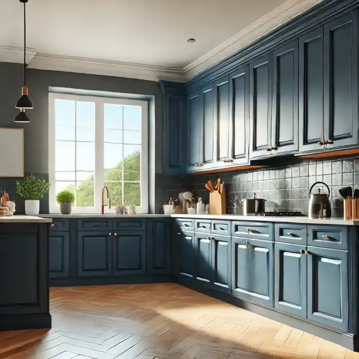 A modern kitchen with freshly painted navy blue cabinets, sleek countertops, and stylish hardware.