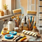 A well-organized workspace with various painting tools, including brushes, rollers, and painter's tape, neatly arranged on a table.