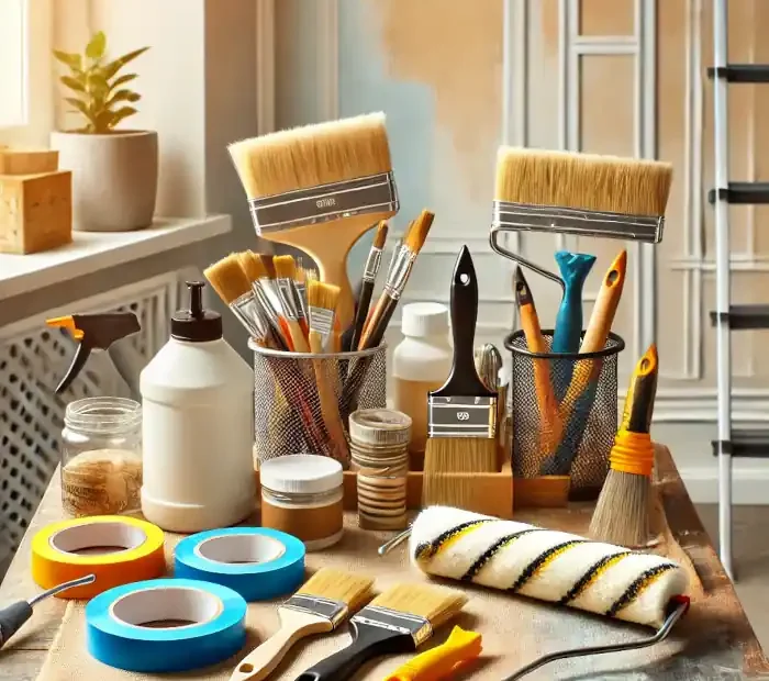 A well-organized workspace with various painting tools, including brushes, rollers, and painter's tape, neatly arranged on a table.