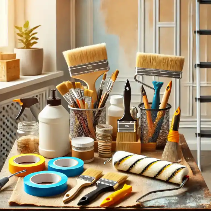 A well-organized workspace with various painting tools, including brushes, rollers, and painter's tape, neatly arranged on a table.