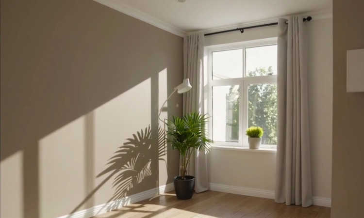 Freshly painted living room walls in a warm neutral color.