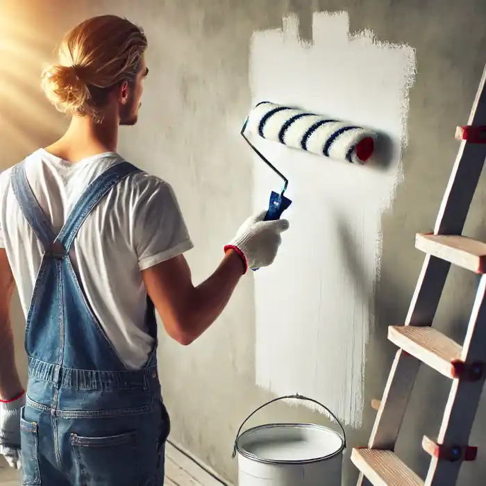 A painter using a paint roller on an interior wall with a ladder in the background.