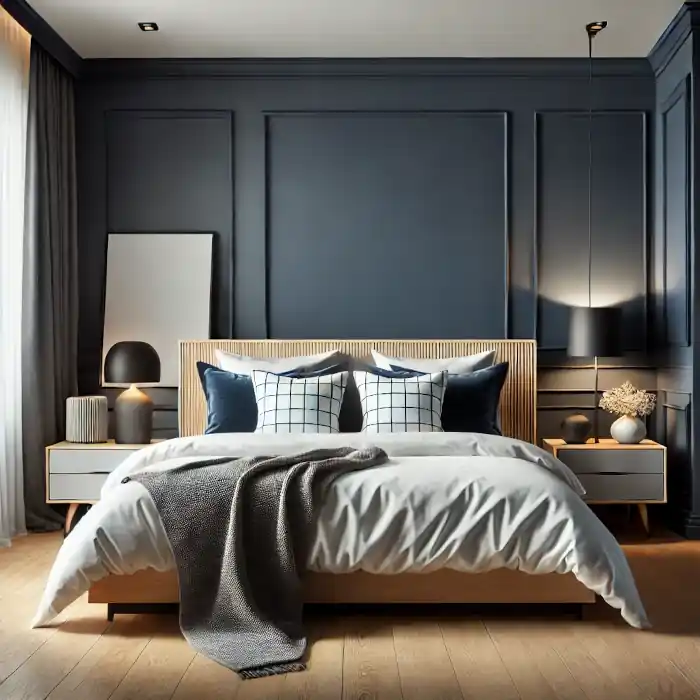 A stylish bedroom with navy blue walls, a cozy bed, and modern decor elements.