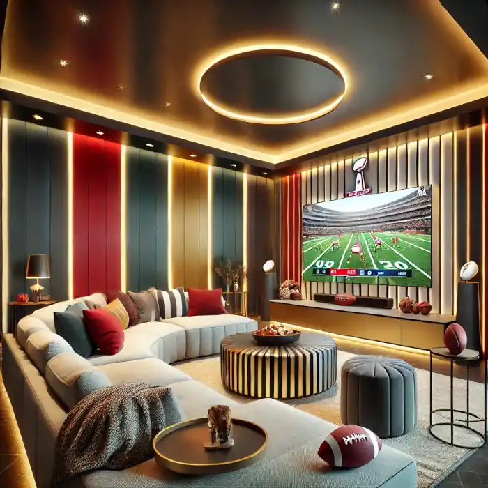 A Super Bowl-themed game room with red, gold, midnight green, and silver accents.