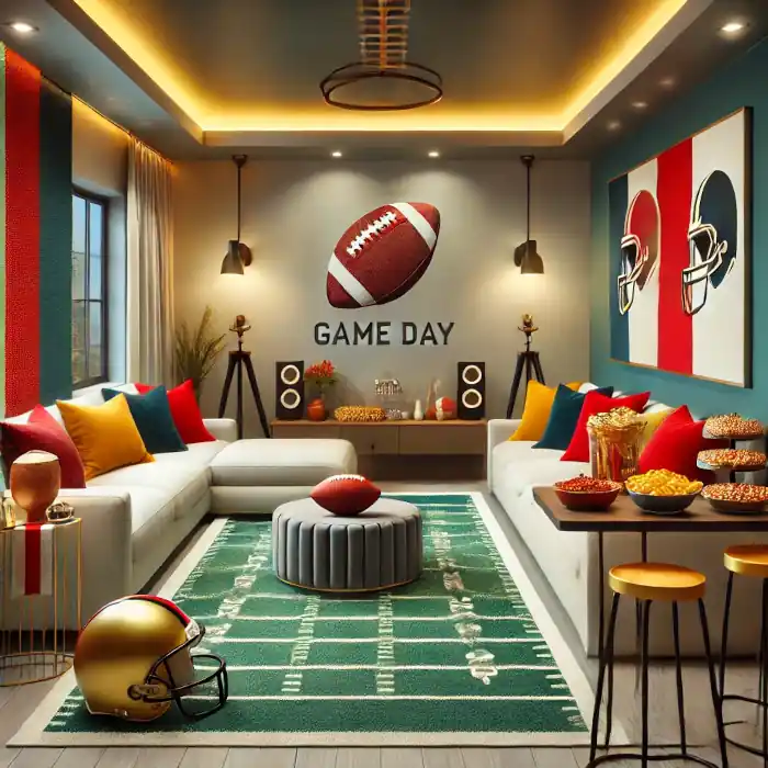 A finished game room setup with team-themed decor for the Super Bowl.