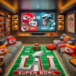 A Super Bowl-themed game room featuring team colors of Kansas City Chiefs and Philadelphia Eagles.