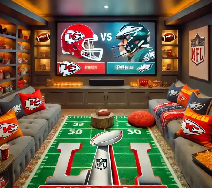 A Super Bowl-themed game room featuring team colors of Kansas City Chiefs and Philadelphia Eagles.