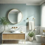 Top paint colors for bathrooms in 2025 with soft powder blue walls and gold accents.