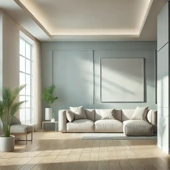 A freshly painted living room with smooth walls and natural light.