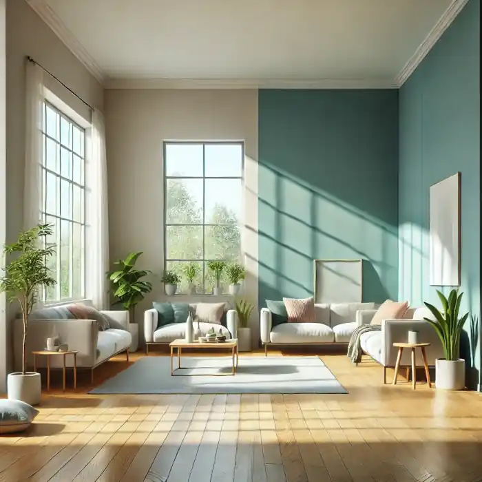 Beautifully painted modern living room with low VOC paint in calming tones.