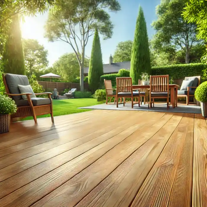 A freshly refinished wooden deck surrounded by greenery