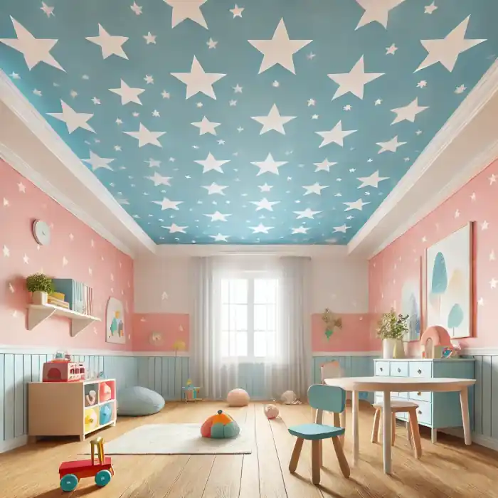 Sky blue ceiling with white star patterns in a children's room