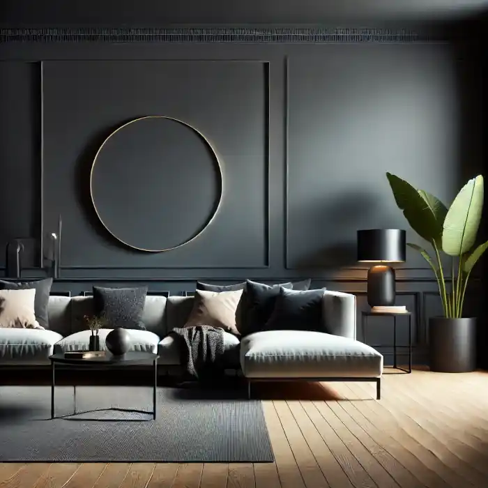 A modern living room with dark-painted walls that enhance depth and style.