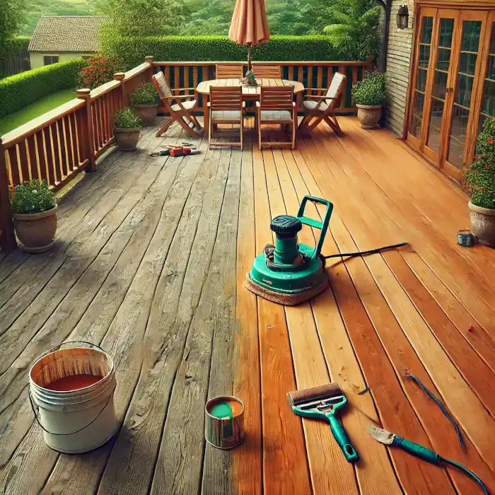 Wooden deck mid-refinishing with tools visible