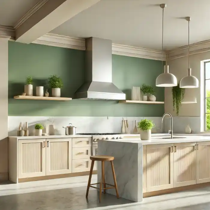 Freshly painted modern kitchen with low VOC paint in soft, neutral colors.