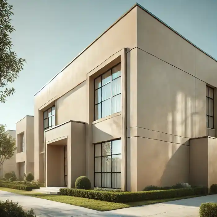 Freshly painted beige stucco wall of a modern home with large windows.