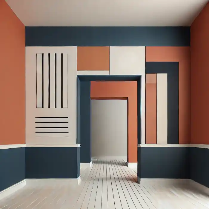 Stylish hallway with bold color blocking in navy blue, terracotta, and white