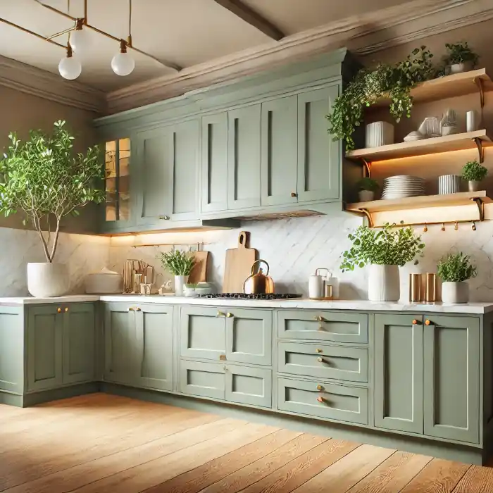 Top paint colors for kitchens in 2025 with sage green and greige tones.