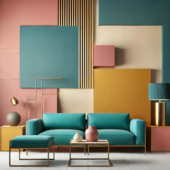 Modern living room with bold color blocking in teal, mustard yellow, and blush pink