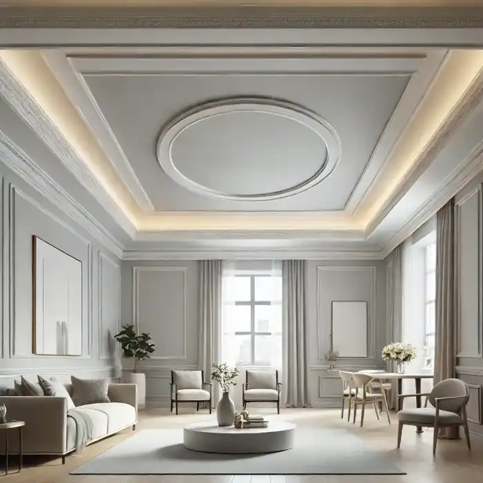 Soft white ceiling with matte finish in a modern living room