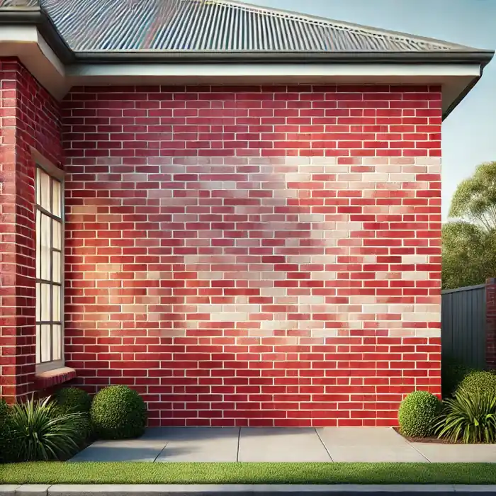 Newly painted red brick wall of a traditional suburban home with white mortar lines.