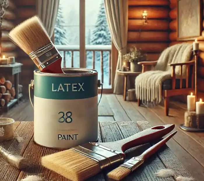 A set of paintbrushes and a paint can on a wooden surface, ready for an indoor winter painting project.