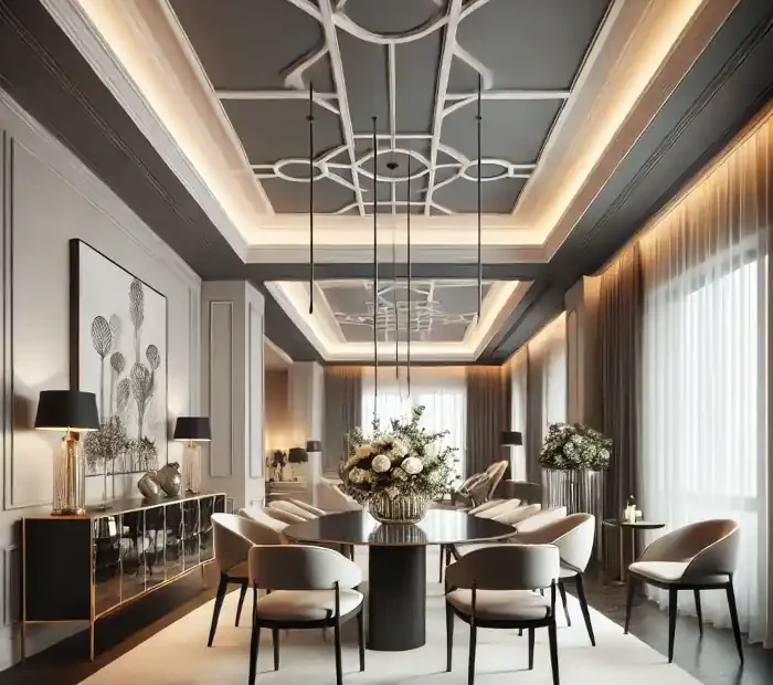 A contemporary dining room with a painted ceiling that enhances the room’s design.